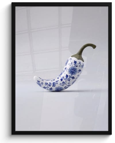 Poster in lijst - Fotolijst 60x80 cm - Posters - Chilipeper - Keramiek - Blauw - Posterlijst zwart - Decoratie - Wanddecoratie woonkamer - Muurdecoratie slaapkamer