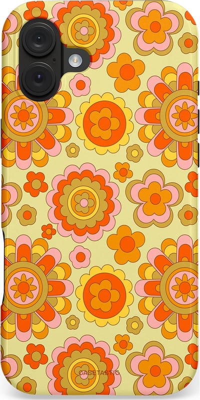 Casetastic hoesje geschikt voor Apple iPhone 16 Plus - MagSafe - Dubbellaagse bescherming - Retro Oranje Bloemen - Fashion Case - Oranje Goud Beige