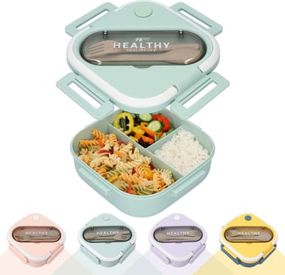 Vierkante Lunchbox met Servies - Groene Bentobox - Met vakjes x3 - Voor kinderen en volwassenen - Geschikt voor rijst, noodles, groente, vlees en meer! - Groen - 900ml