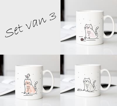 Set van 3x Mokken met Leuke katten - Katten mok | Porselein | 40 cl | Kat Decoratie | Kat Cadeau | Kat Mok