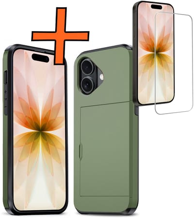 Hoesje Geschikt voor iPhone 17 Hoesje Pasjeshouder Shockproof Hard Case Met Screenprotector - Hoesje Geschikt voor iPhone 17 Hoes Met Kaarthouder - Donkergroen