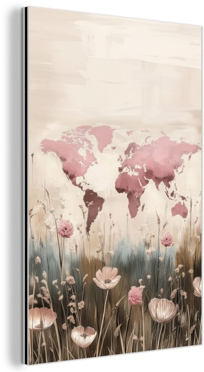 Aluminium schilderij 120x180 cm - Wanddecoratie metaal - Wereldkaart - Roze - Bloemen - Metalen muurdecoratie woonkamer - Decoratie industrieel - Foto op dibond - Industriële accessoires slaapkamer