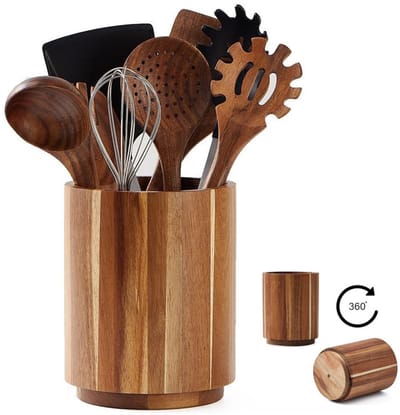 Daity Keukengereihouder – Houten bestekorganizer – Opbergrek voor op het aanrecht – 360° draaibare organizer – 7,2 inch – Pot voor kookgerei