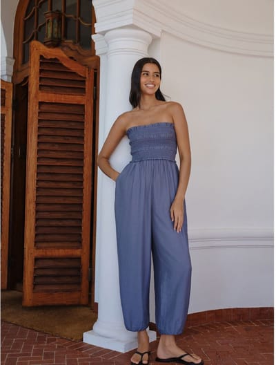 Next - Dames - Aangerimpelde jumpsuit met wijde, ronde pijpen - Tall - Blauw