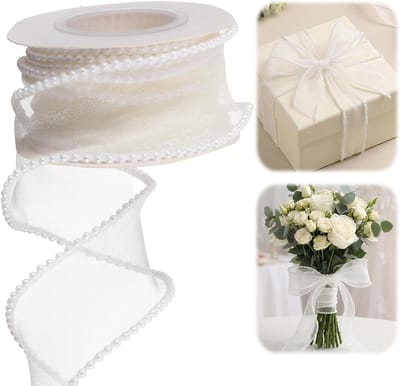 Witte Organza Mesh Ribbons met Faux Parelsrand voor Trouwen, Kerst en Cadeauverpakking - 5 Yards