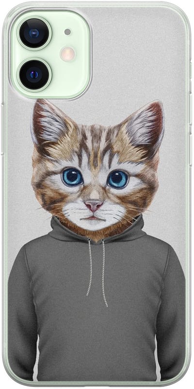Leuke Telefoonhoesjes - Hoesje geschikt voor iPhone 12 Mini - Kat schattig - Soft case - TPU - Kat - Grijs