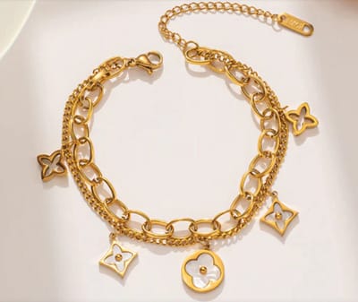 Dubbel armband klaver - bracelet clover - inspired - stainless steel kleur goud - cadeau mam dochter