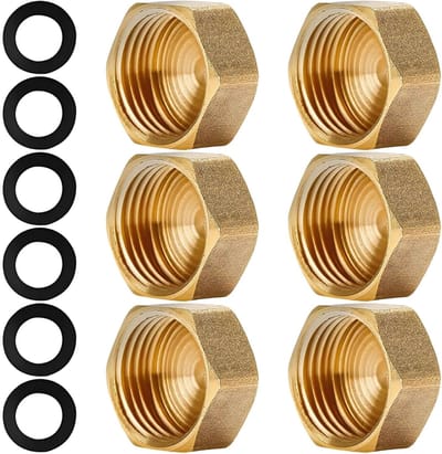 Set van 6 Messing Sluitringen 1/2 Inch met Draad en Verzegeling voor Tuinslang en Waterleidingen in Goudbruin