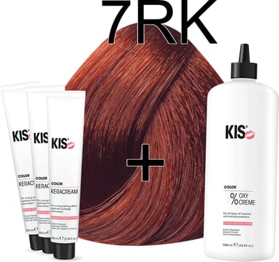 Kis KeraCream Color - 100ml - Haarverf Set - 7RK Middel rood koper blond | KIS - (3 x haarverf & 1L waterstofperoxide)