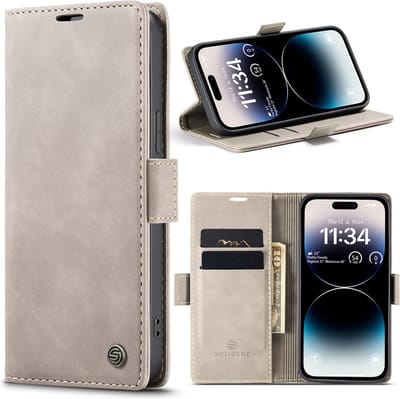 Geschikt Voor iPhone 14 Pro Max Hoesje - Solidenz Urban Bookcase 14 Pro Max - Telefoonhoesje 14 Pro Max - 14 Pro Max Case Met Pasjeshouder - PU Leren Hoes - Draadloos Opladen - Beige