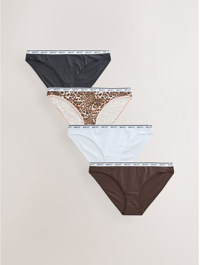Next - Dames - Set van 4 katoenen slipjes met hoog uitgesneden pijpjes en logo - Dierenprint
