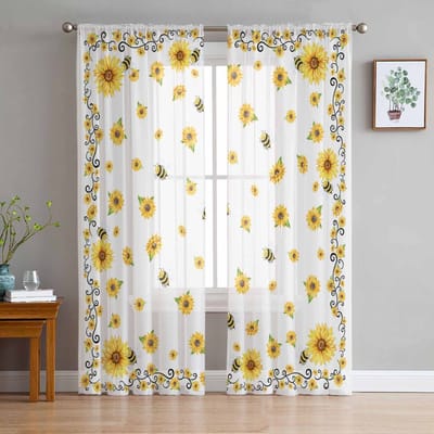 Zomer Aquarel Bloem Zonnebloem Bij Boerderij Raam Tule Gordijnen voor Woonkamer Slaapkamer Hotel Luxe Decoratie Transparante Gordijnen 135W x 114H(cm) white