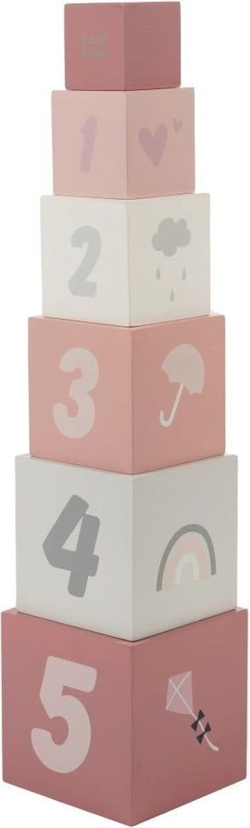 Label Label - Houten Stapelblokken - Roze/Wit - FSC Hout - 6 Blokken met Illustraties en Cijfers - Stimuleert Motoriek en Herkenning van Vormen - Geschikt voor Kindjes vanaf 12 Maanden