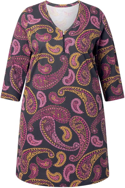 Ulla Popken - Dames - Longshirt paisley A-lijn V-hals 3/4-mouwen - Zwart - Maat 62+