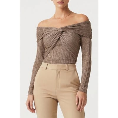 GUESS Marciano By  Gia Ls Ribbed Sweater Top Natural Almond Maat: S | Longsleeves Outlet | Dames | Bruin