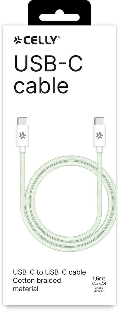 Celly USB-C naar USB-C kabel – Voor Android & iPhone - Katoen Gevlochten – Tot 100 Watt - Duurzaam en stevig - 1,5 meter - Groen