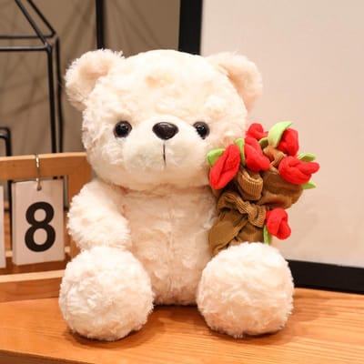 Zachte Pluche Rozenbeer met Bloem Romantisch Schattig Knuffeldier Valentijnsdag Verjaardagscadeau voor Vriendin Vrouw Woondecoratie wit