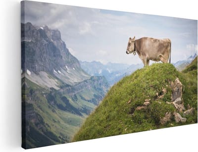 Artaza Canvas Schilderij Koe - 40x20 cm - Klein - Wanddecoratie Bergen - Muurdecoratie Natuur - Schilderijen Op Canvas Landschap