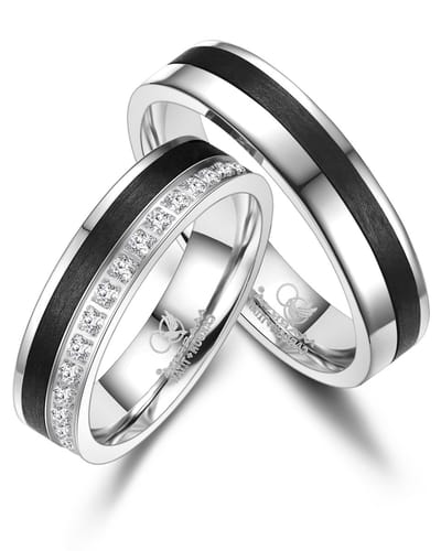 Jonline SET Trouwringen Design Titanium Zwart Carbon Zirkonia | Vriendschapsringen | Relatie ringen