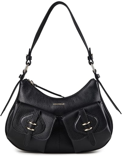 COCCINELLE Leren schoudertas handtas Mavery Pocket Shoulder Bag Grained Leather Noir zwart