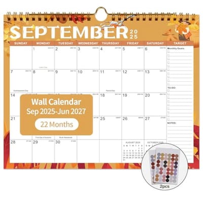 Maandelijkse wandkalender 2025-2027 met spiraalbinding - 22 maanden, 29,2 x 37,3 cm