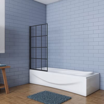 Aica Industriële Badwand 80x140cm -Draaibaar 6mm Zwart Gehard Glas met Regelmatig Blokpatroon-Mat Zwart Frame-Eenvoudige Montage