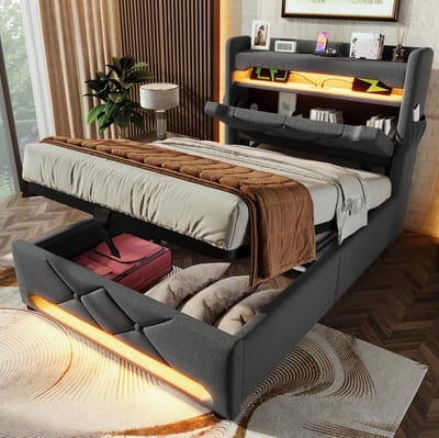 MEUNIQ Eenpersoons bed 90x200 met matras, USB en USB-C in hoofdbord, 360° LED-verlichting, hydraulische opbergruimte en gestoffeerd frame voor slaapkamer, grijs