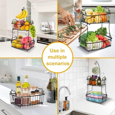 Moderne Fruitmand met 2 Niveaus, Metaal Draad met Bananenhouder, Ideaal voor Keukenopslag en Groenten