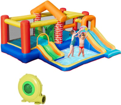 ECTEATOY® Groot Springkussen met 2 Glijbanen, 2 Springgedeelten & Zwembadje - Incl. Blower - Voor Binnen & Buiten - 380x370x230 cm - Meerkleurig