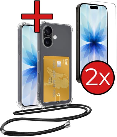 Hoesje Geschikt voor iPhone 17 Hoesje Met Telefoonkoord en Pasjeshouder Met 2x Screenprotector Siliconen - Hoes Geschikt voor iPhone 17 Hoesje Met Kaarthouder Shock Proof Case - Transparant