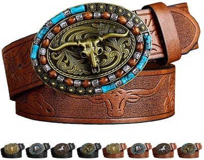 Dailygoods- Cowboyriem Authentiek Western-Design - Heren Riem - Versierd met Westernreliëfs - 3,8 cm Breed - Maten 110/120/130 cm - Perfect voor Geschenken - Westernriem