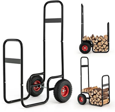 COSTWAY Brandhoutwagen, metaal, brandhoutwagen met wielen tot 100 kg, houten kar voor brandhout, brandhoutkar voor houttransport en opslag, zwart