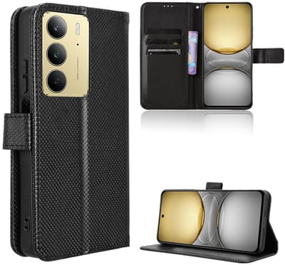 Dailygoods- Telefoonhoesje Schokbestendig - Flip Case - Portemonnee met Kaartvakken - Koolstofvezel - Compatibel met Realme C75 - Zwart