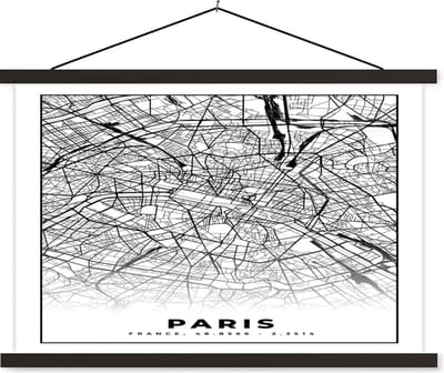 Posterhanger incl. Poster 60x40 cm - Schoolplaat - Kaart - Paris - Plattegrond - Parijs - Frankrijk - Stadskaart - Zwart wit - Textielposter - Zwarte latten - Stadskaart