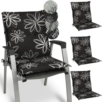 Beautissu Flores – Set van 4 Tuinkussens Hoge Rug 100x50x6 cm Zitkussen Tuinstoel UV-lichtecht Tuinstoelkussens Zwart Kussen met Print