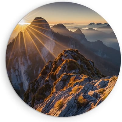 Saammp Muurcirkel Hout -Bergtoppen met zonsopgang - Landschap - Natuur - Ø 90 - Wandcirkel - Wanddecoratie Cirkel - Muurdecoratie Woonkamer - Slaapkamer decoratie - Rond Schilderij