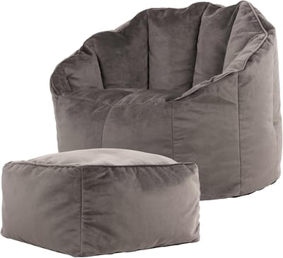 Zitzak Fauteuil met Hocker - Donkergrijs Fluwelen Stoel voor Woonkamer en Slaapkamer