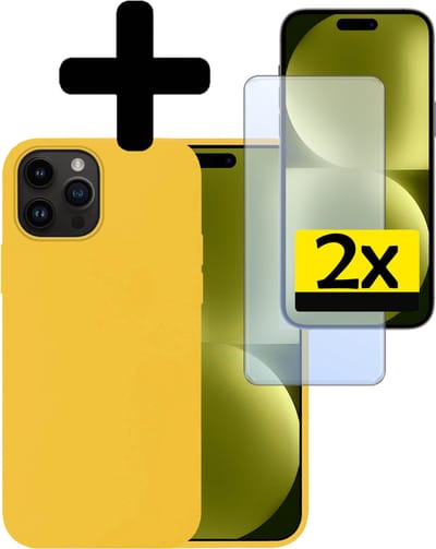 Hoesje - Met 2x Screenprotector - Geschikt voor Apple iPhone 15 Pro - Sterk & Shockproof - Back Cover - Siliconen Case - Telefoon Hoes - Telefoonhoesjes - Geel