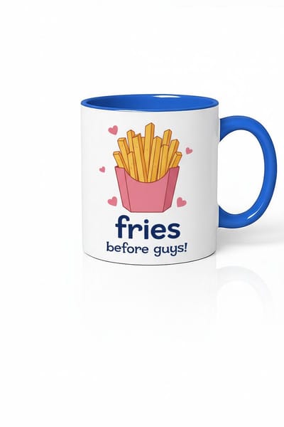 Grappige Mok Fries Before Guys met Frietjes Design & Blauwe Rand | Uniek Cadeau