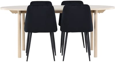 Andy eethoek tafel 90x180cm en 4 velours stoelen whitewash.