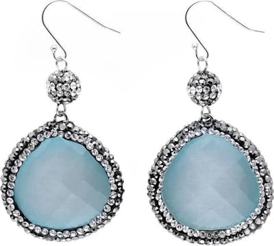 Edelstenen oorbellen Bright Blue Cat's Eye - oorhanger - blauw - kattenoog - sterling zilver (925) - stras steentjes - luxe sieraden doosje - blauwe oorbellen - dames oorbellen