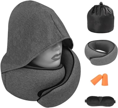 Verstelbaar Reiskussen van Geheugenfoam voor Volwassenen met Kap, Oordopjes en Slaapmasker in Draagtas voor Auto en Vliegtuig