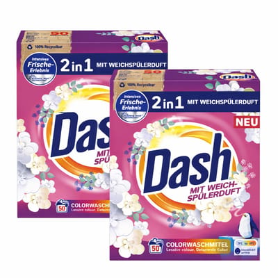 Dash Kleurwasmiddel Poeder 2-in-1 met Wasverzachtergeur – 2 x 3 kg – 100 Wasbeurten