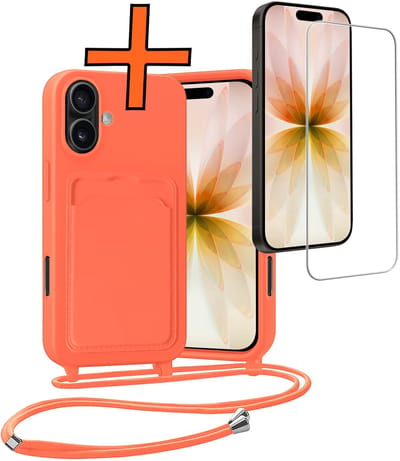 Hoesje Geschikt voor iPhone 17 Hoesje Met Telefoonketting Pasjeshouder Case Met Screenprotector Koord - Hoesje Geschikt voor iPhone 17 Hoes Met Kaarthouder - Papaya