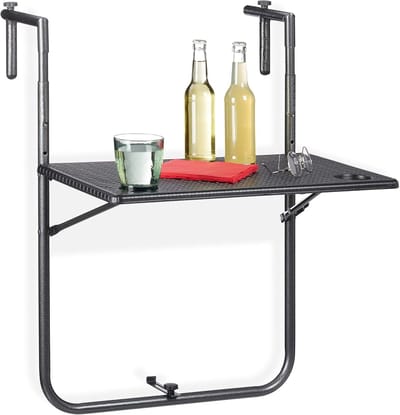 Famanu – Balkontafel inklapbaar - hangend - verstelbaar op 3 hoogtes - weerbestendig - rotan look - BxD: 59 -5 x 36 cm - zwart