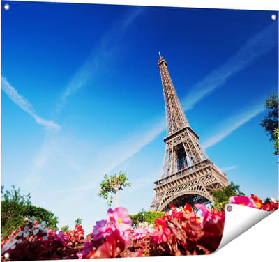 Gards Tuinposter Eiffeltoren in Parijs met Bloemen - 100x80 cm - Tuindoek - Tuindecoratie - Wanddecoratie buiten - Tuinschilderij