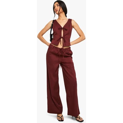 boohoo Dames Linnen Look Tie Waist Wide Leg Trouser | Maroon | Maat: 8