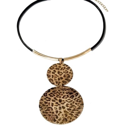 Zwart ketting voor dames met ronde hanger in luipaardprint – statement ketting