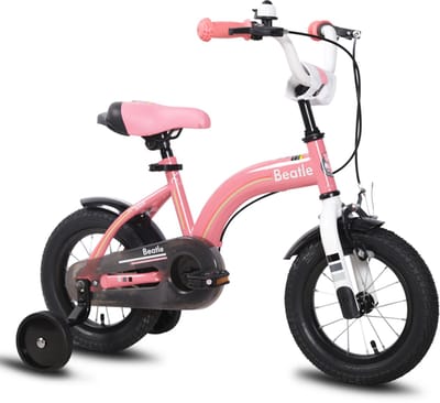 JOYSTAR Beatle Kinderfiets - 16 Inch - 4-7 Jaar - Zijwieltjes - Handrem - Terugtraprem - Bel - Roze - Geschikt voor buitenactiviteiten in de lente