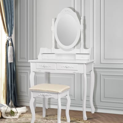 Kaptafel 75x140x40 cm in wit met spiegel, 4 laden & kruk ML-Design